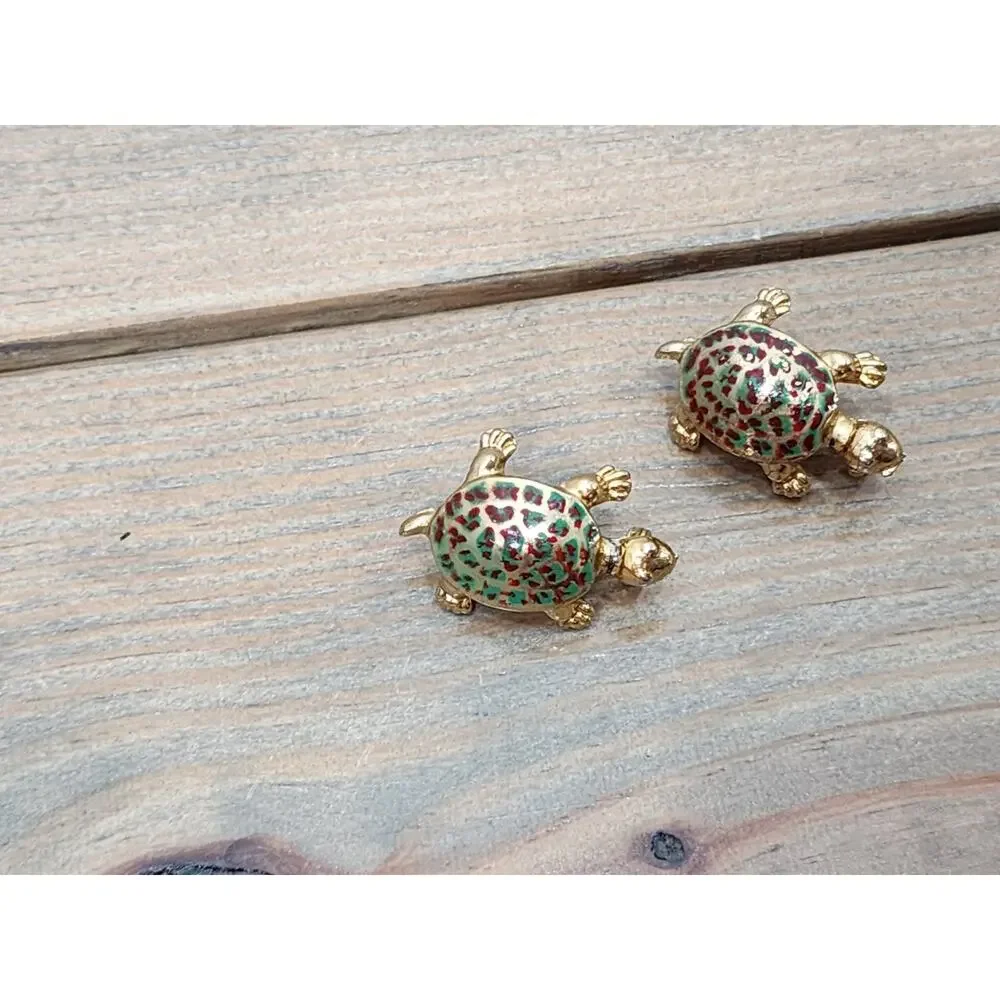 Vintage Gold Tone Turtle Pin Metal Enamel Brooch Reptile